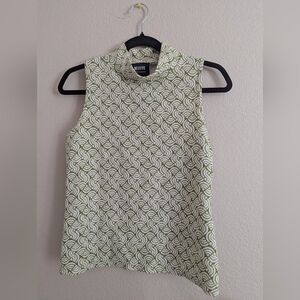 Maeve Green and White Geometric Mock Neck Sleeveless Top